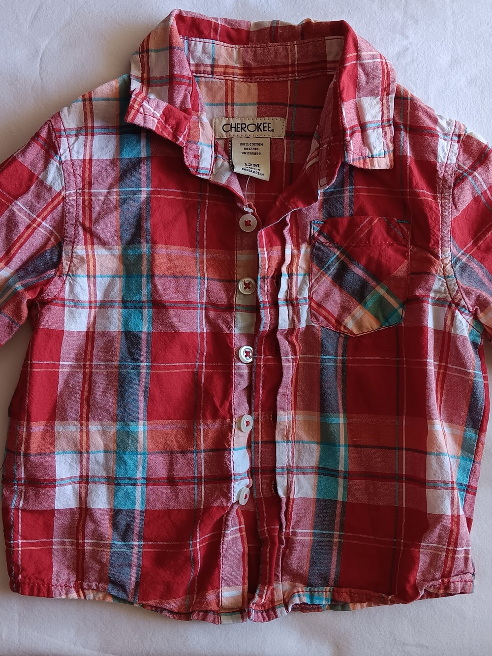 Cherokee Red Plaid Long-Sleeve Button-Down Shirt, 12 Months